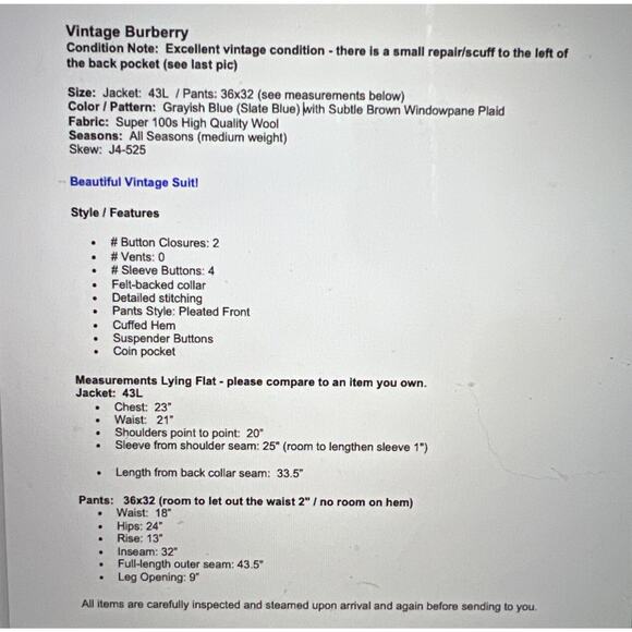 Vintage Burberry Suit 43L 36x32 Slate Blue Plaid Super 100s Designer Luxury - Picture 12 of 16